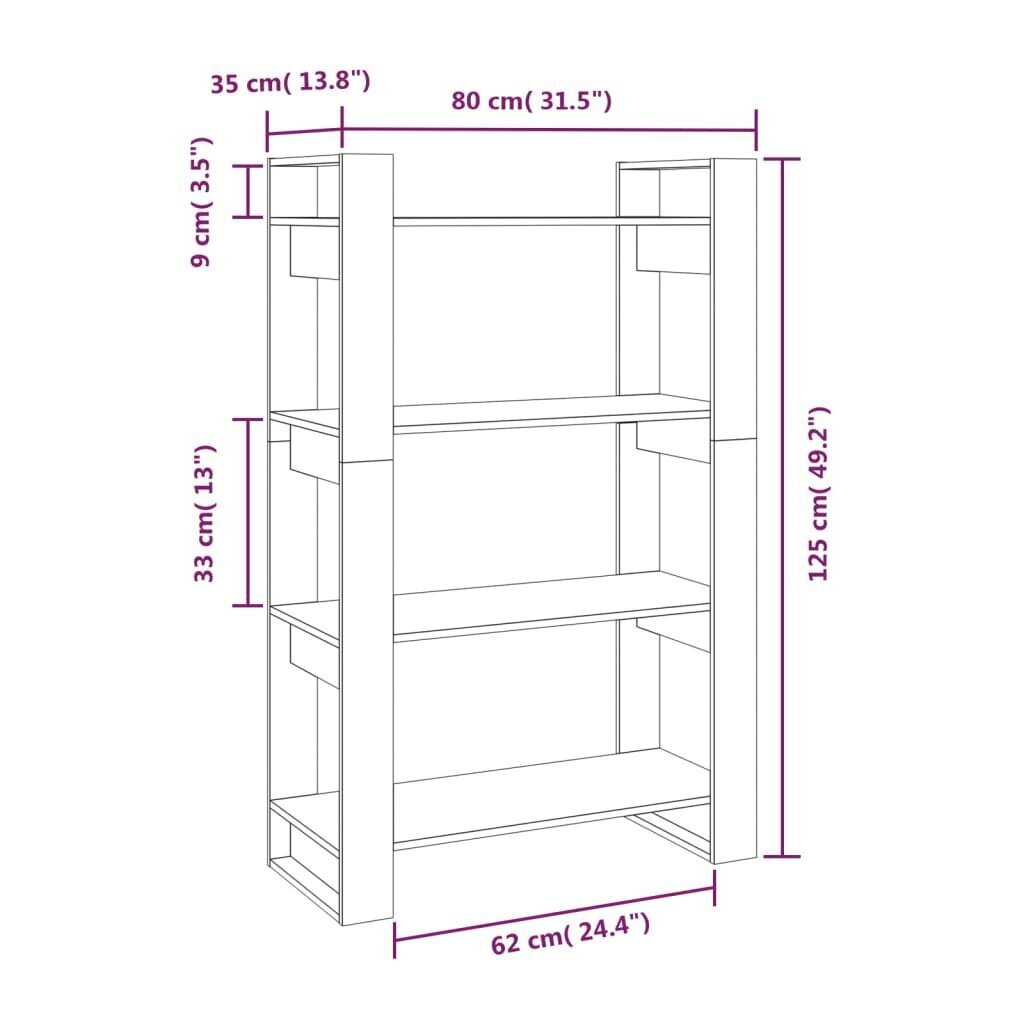 vidaXL grāmatu plaukts, 80x35x125 cm, priedes masīvkoks cena un informācija | Plaukti | 220.lv