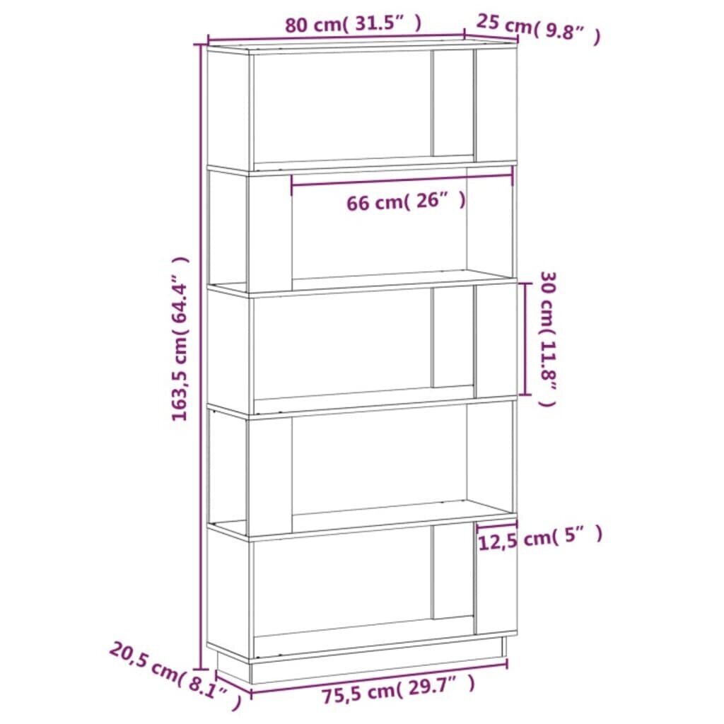 vidaXL grāmatu plaukts, balts, 80x25x163,5 cm, priedes masīvkoks cena un informācija | Plaukti | 220.lv