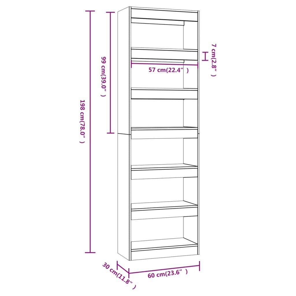 vidaXL grāmatu plaukts, pelēcīga ozolkoka krāsa, 60x30x198 cm cena un informācija | Plaukti | 220.lv