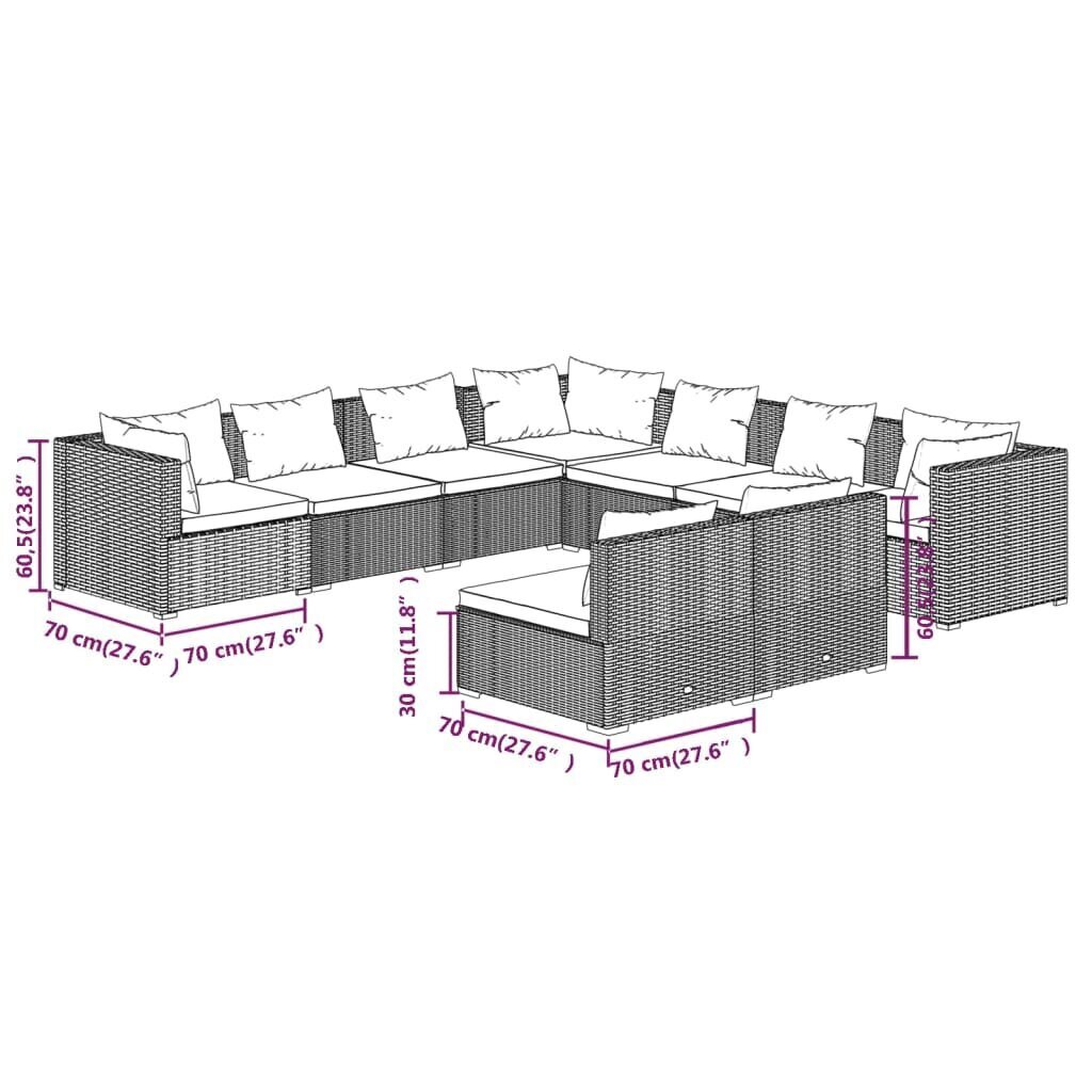 VidaXL 9-daļīgs dārza mēbeļu komplekts, matrači, melna PE rotangpalma цена и информация | Dārza mēbeļu komplekti | 220.lv