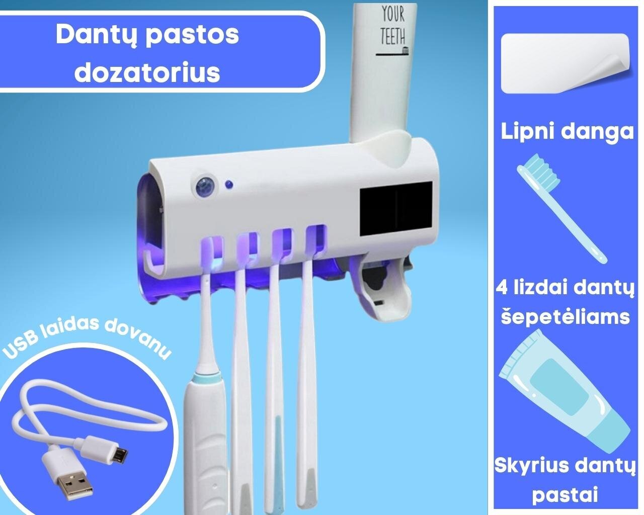 Zobu birstes turētājs ar UV sterilizatoru un zobu pastas dozatoru cena un informācija | Vannas istabas aksesuāri | 220.lv