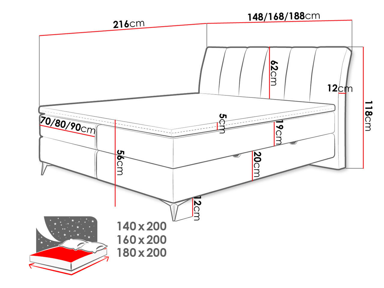 Kontinentālā gulta ESTIRIS-Fresh 13-140x200 cm cena un informācija | Gultas | 220.lv