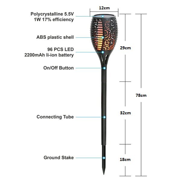 Āra/dārza gaisma Airi, lāpa, 96 diodes ar saules bateriju, 2200 mAh, 78cm цена и информация | Āra apgaismojums | 220.lv