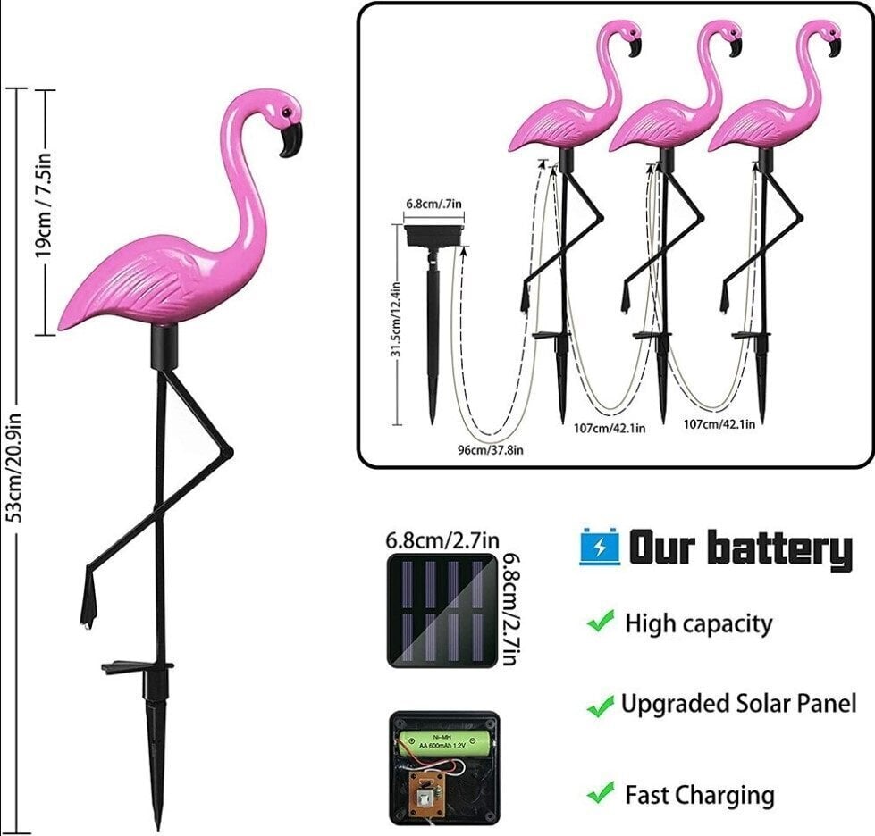 Ar saules enerģiju darbināms LED dārza apgaismojuma komplekts - Flamingo, 3 gab., 53 cm cena un informācija | Āra apgaismojums | 220.lv