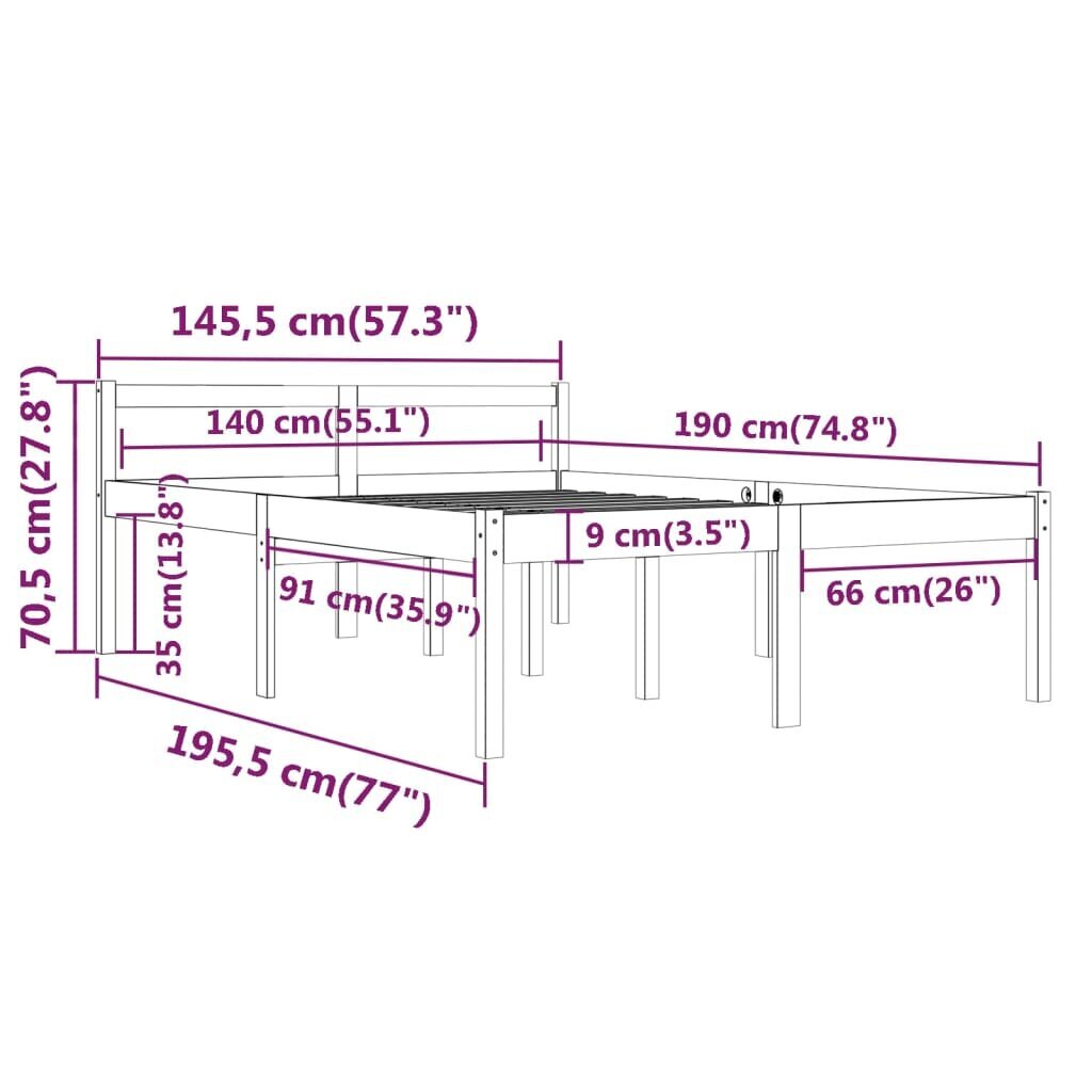 vidaXL gultas rāmis, balts, priedes masīvkoks, 140x190 cm цена и информация | Gultas | 220.lv