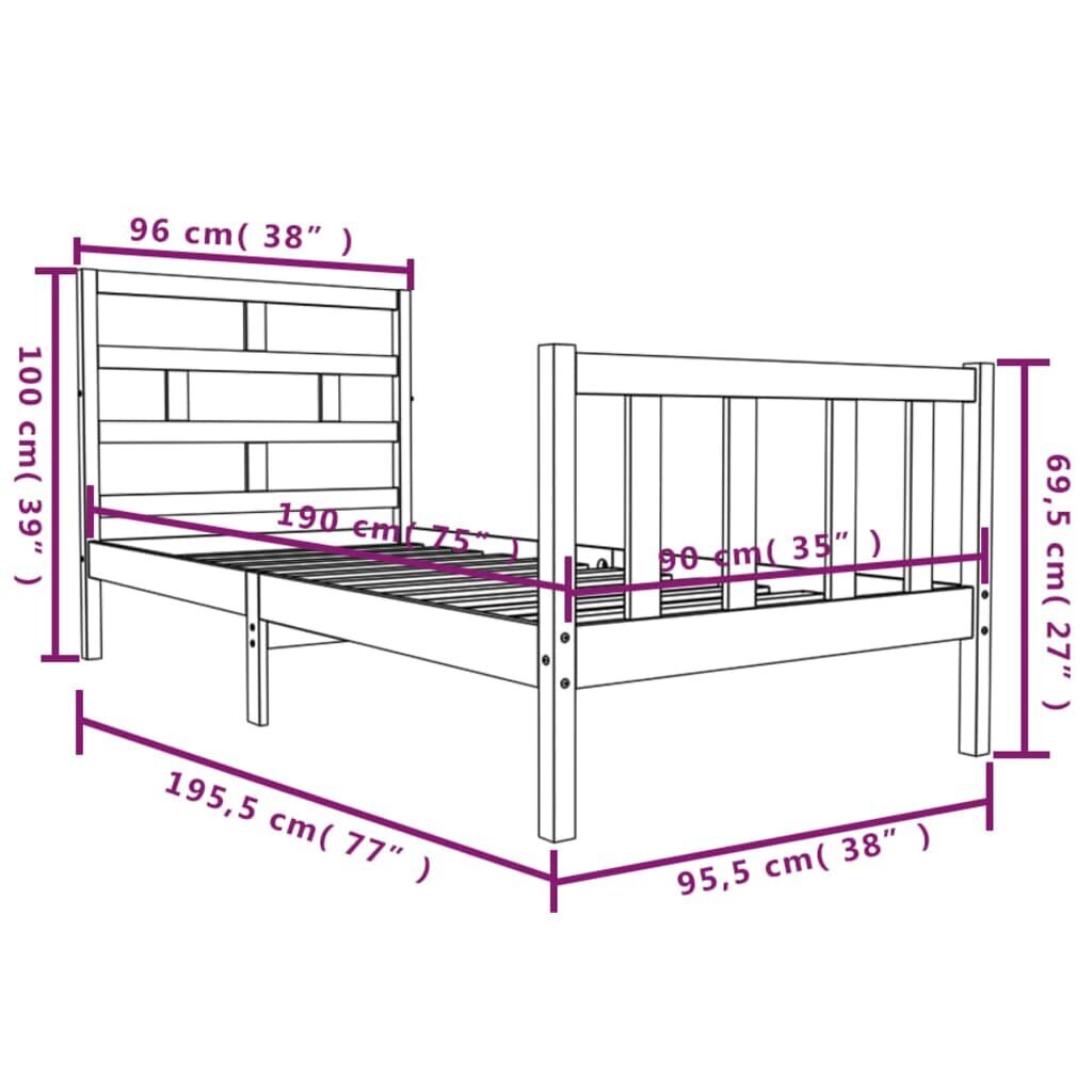 vidaXL gultas rāmis, priedes masīvkoks, 90x190 cm, 3FT, vienvietīgs cena un informācija | Gultas | 220.lv