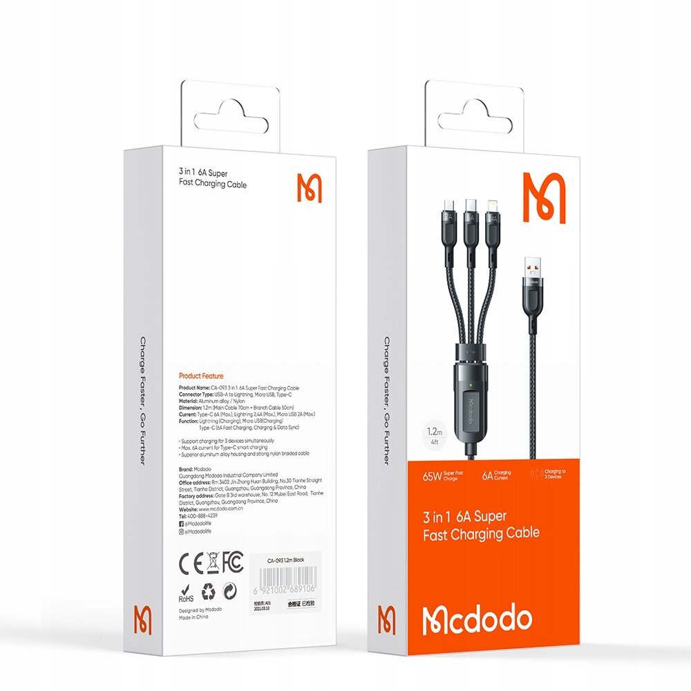 MCDODO KABELIS TĀLRUŅIEM, ĀTRAS UZLĀDES ZIBENS/ MICRO/ USB-C 3IN1 6A 65W QC 4 1.2M CA-0930 cena un informācija | Kabeļi un vadi | 220.lv