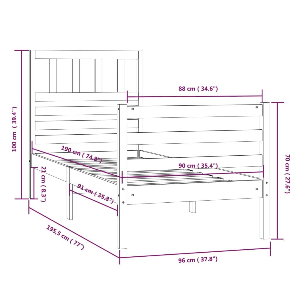 vidaXL gultas rāmis, balts, masīvkoks, 90x190 cm, 3FT, vienvietīgs cena un informācija | Gultas | 220.lv