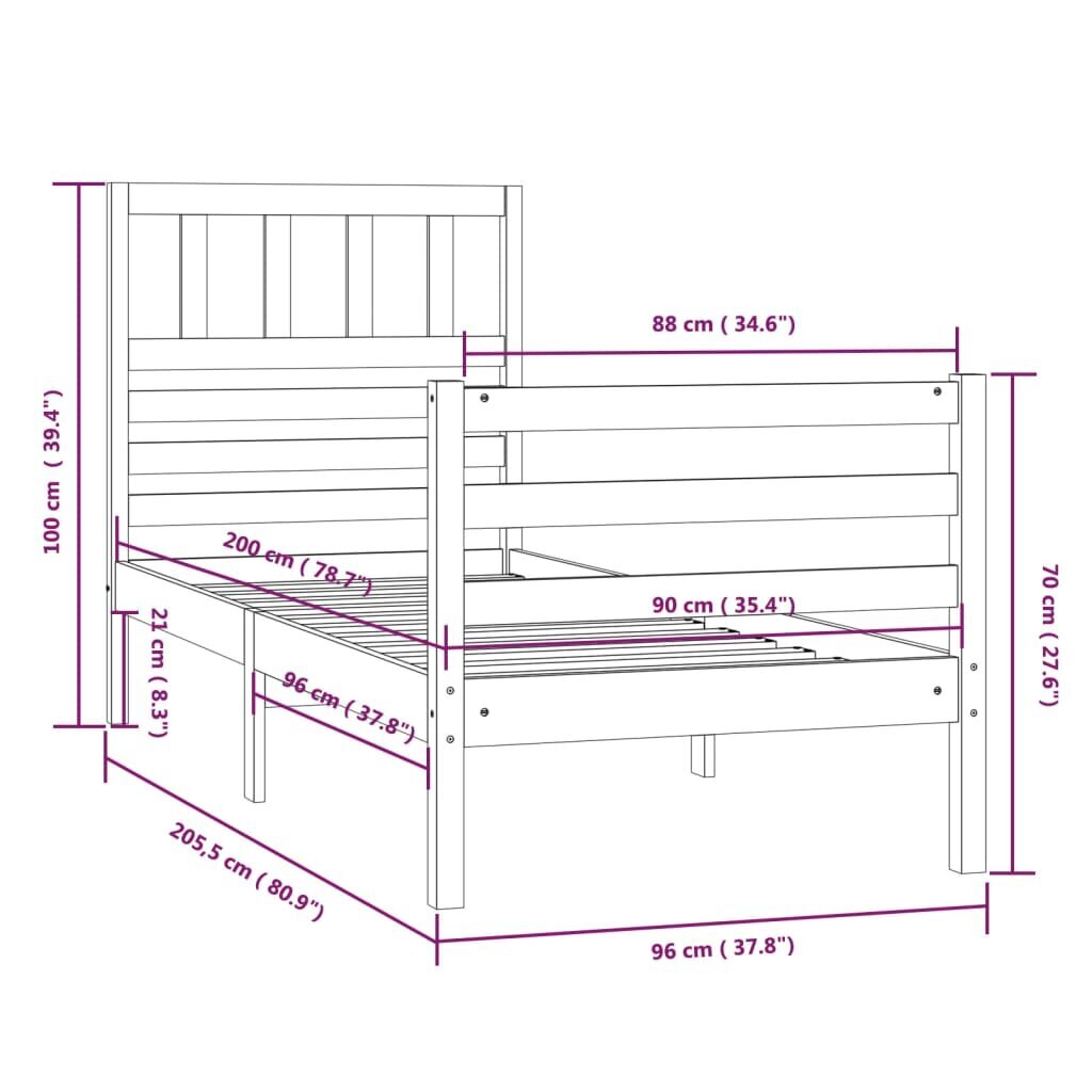 vidaXL gultas rāmis, balts, masīvkoks, 90x200 cm cena un informācija | Gultas | 220.lv