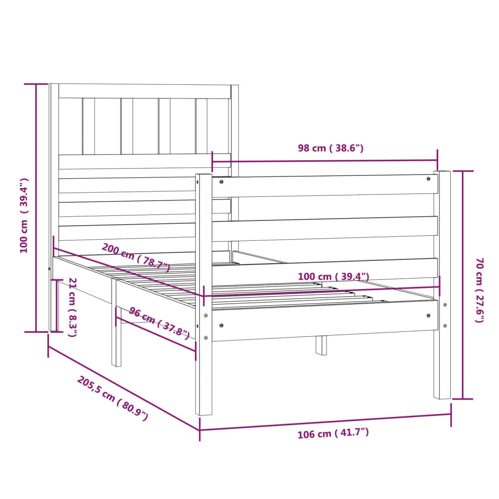 vidaXL gultas rāmis, melns, masīvkoks, 100x200 cm cena un informācija | Gultas | 220.lv