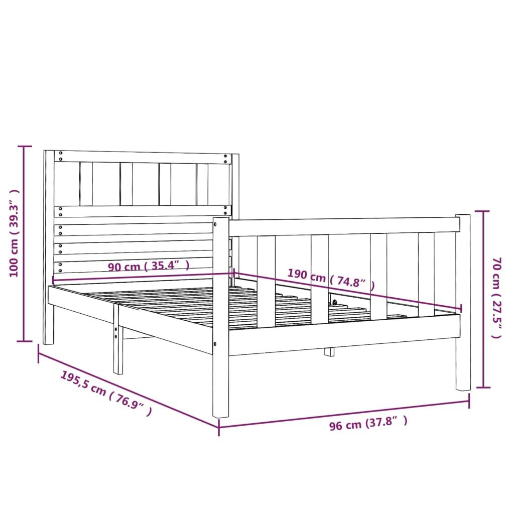 vidaXL gultas rāmis, melns, masīvkoks, 90x190 cm, 3FT, vienvietīgs цена и информация | Gultas | 220.lv