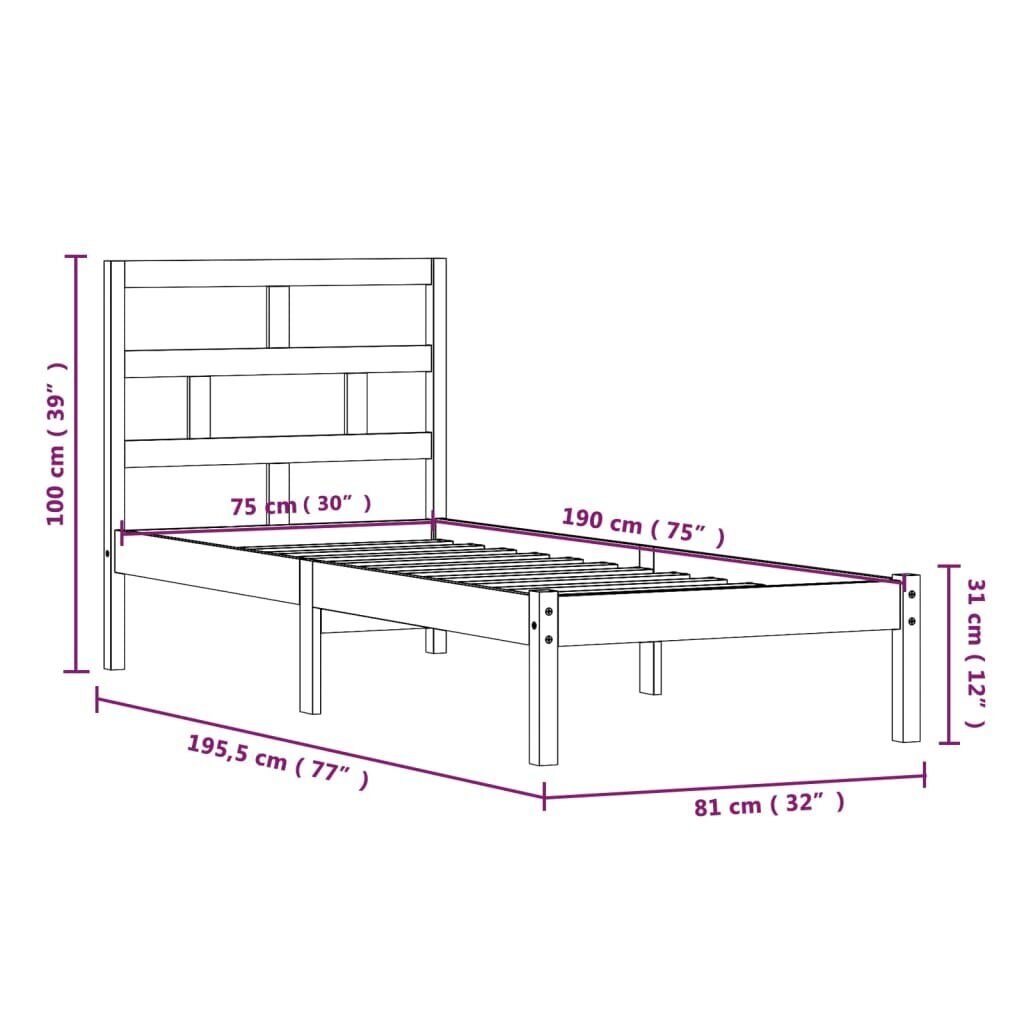 vidaXL gultas rāmis, masīvkoks, 75x190 cm, 2FT6, vienvietīgs cena un informācija | Gultas | 220.lv