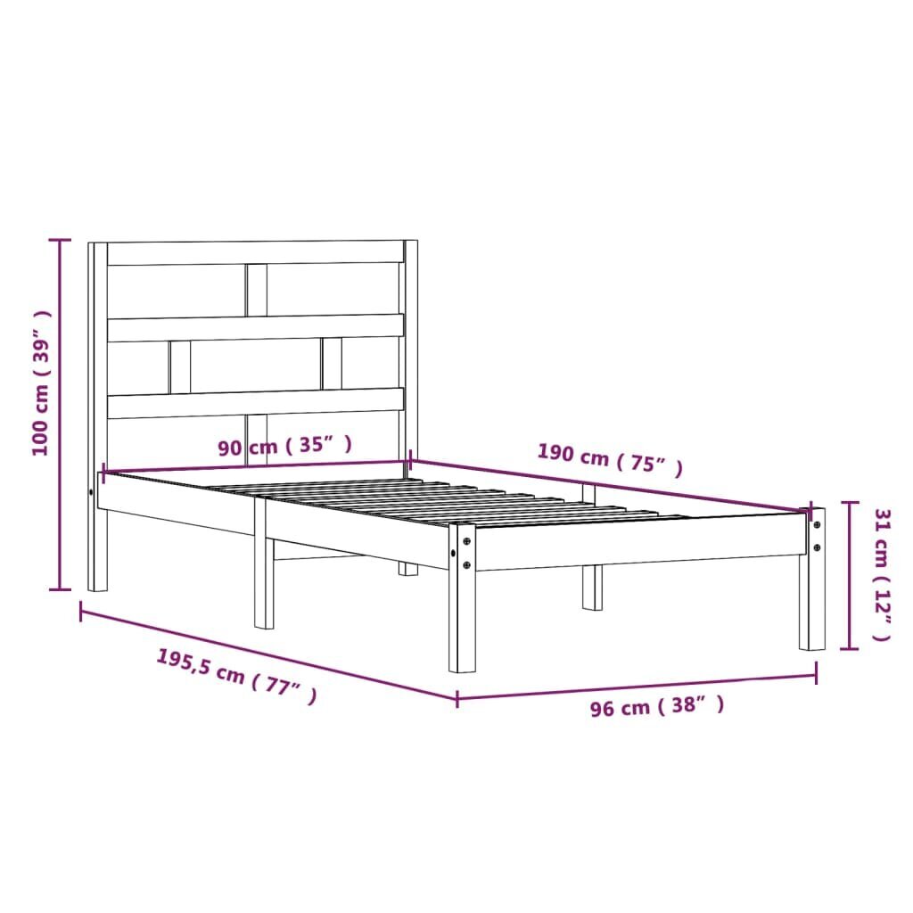 vidaXL gultas rāmis, melns, masīvkoks, 90x190 cm, 3FT, vienvietīgs cena un informācija | Gultas | 220.lv