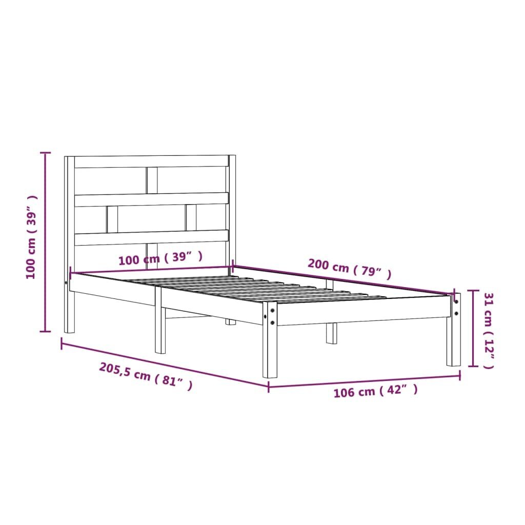 vidaXL gultas rāmis, melns, priedes masīvkoks, 100x200 cm cena un informācija | Gultas | 220.lv