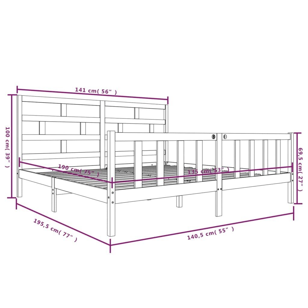 vidaXL gultas rāmis, melns, priedes masīvkoks, 135x190 cm, divvietīgs cena un informācija | Gultas | 220.lv