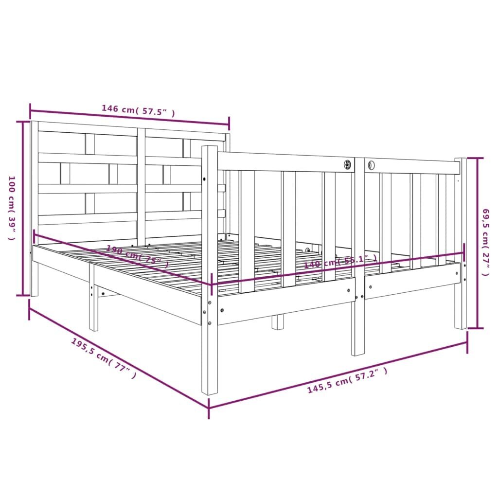 vidaXL gultas rāmis, priedes masīvkoks, 140x190 cm cena un informācija | Gultas | 220.lv