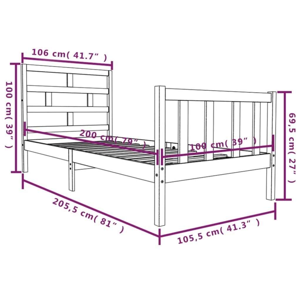 vidaXL gultas rāmis, priedes masīvkoks, 100x200 cm cena un informācija | Gultas | 220.lv