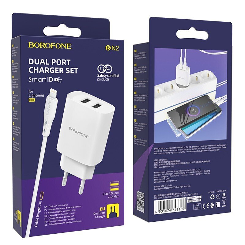 Lādētājs Borofone Borofone BN2 2xUSB 2.1A + Lightning balts cena un informācija | Lādētāji un adapteri | 220.lv