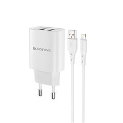 Сетевая зарядка Borofone BN2 2xUSB 2.1A + Lightning, белая цена и информация | Зарядные устройства для телефонов | 220.lv
