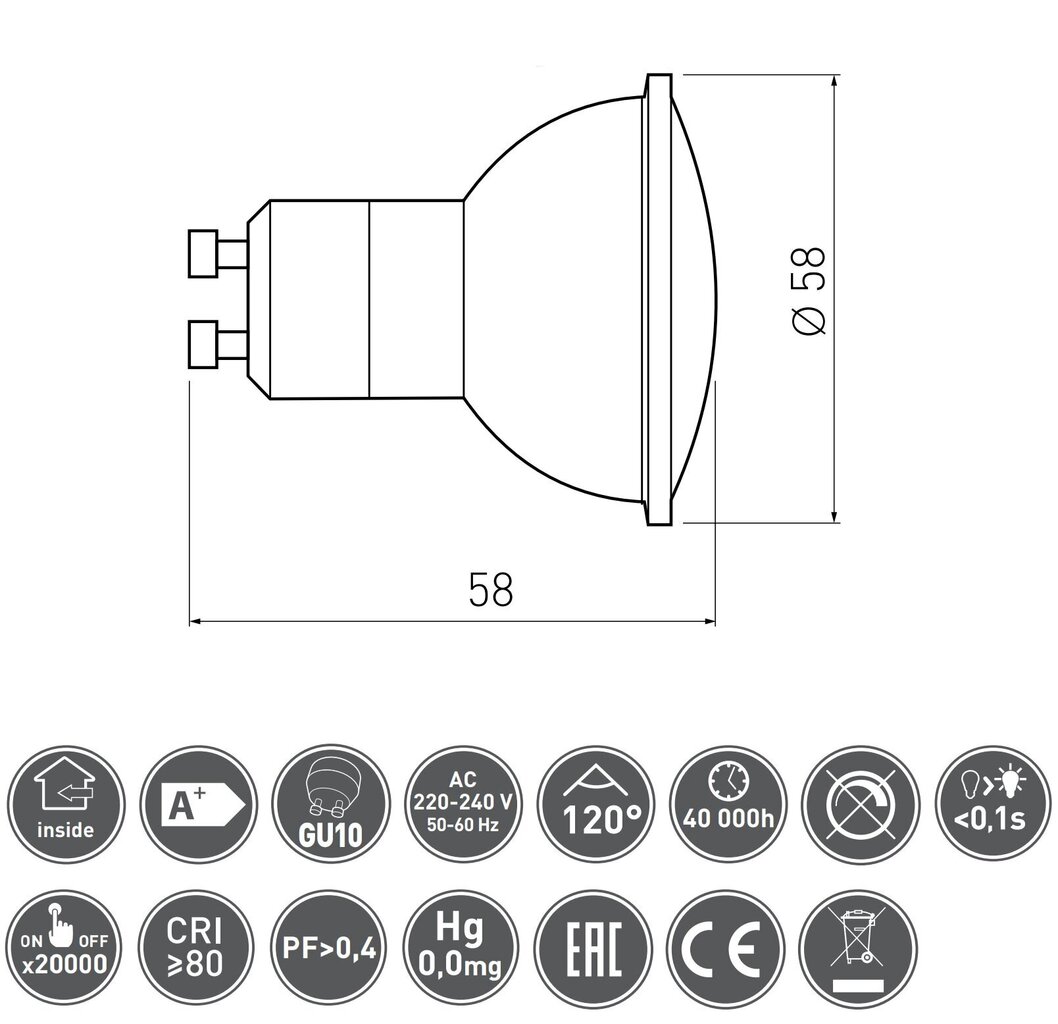 GTV LED GU10 spuldze 4W, 230V, 3000K, 320lm, 120° cena un informācija | Spuldzes | 220.lv