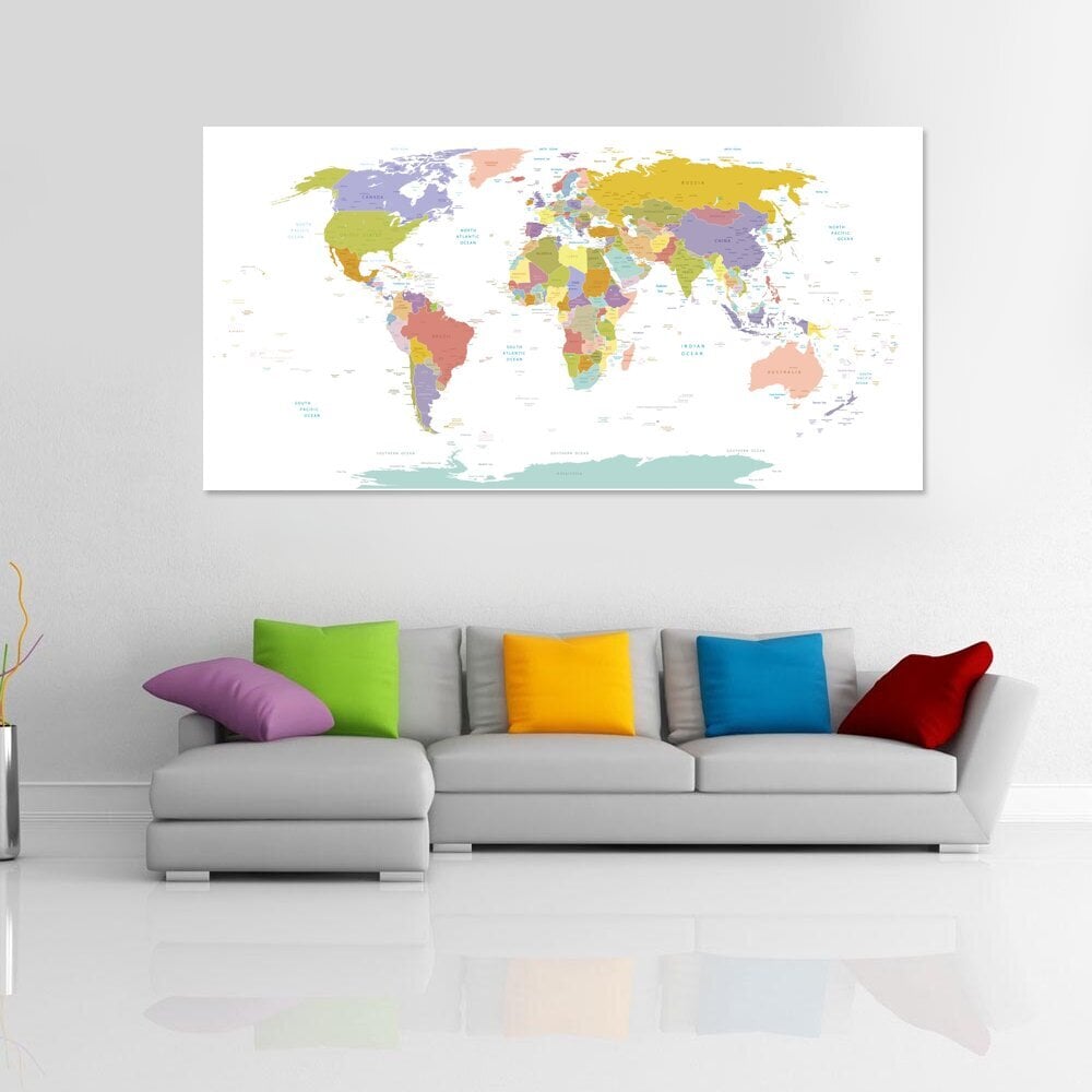 Pasaules karte ar valstu un galvaspilsētu nosaukumiem, piespraudes dāvanā! DB004 140x70 cm. cena un informācija | Pasaules kartes | 220.lv