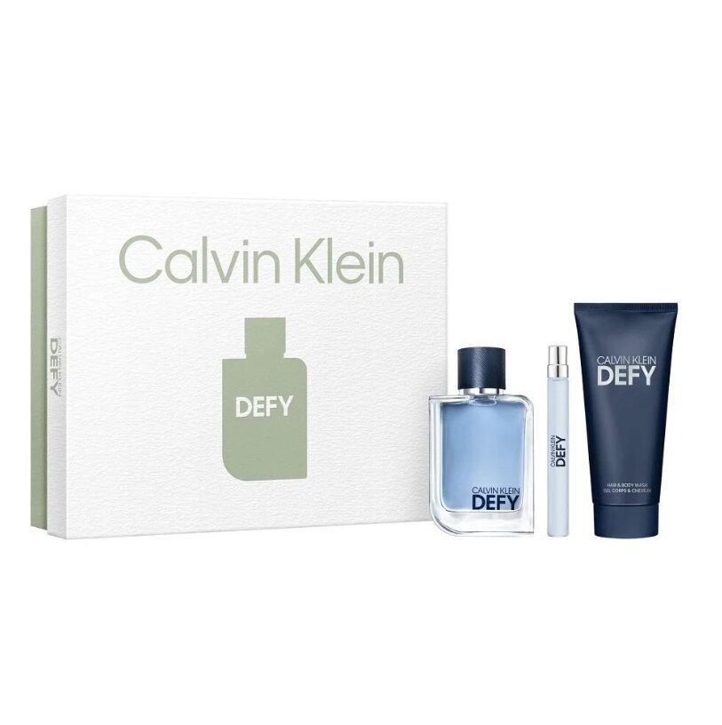 Calvin Klein Defy dāvanu komplekts vīriešiem: tualetes ūdens EDT 100 ml, mini EDT 10 ml un dušas želeja ķermenim un matiem 100 ml цена и информация | Vīriešu smaržas | 220.lv