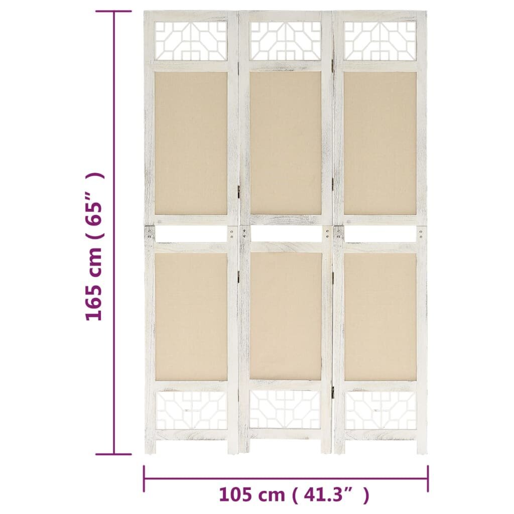 vidaXL 3-paneļu istabas aizslietnis, 105x165 cm, krēmkrāsas audums cena un informācija | Aizslietņi | 220.lv