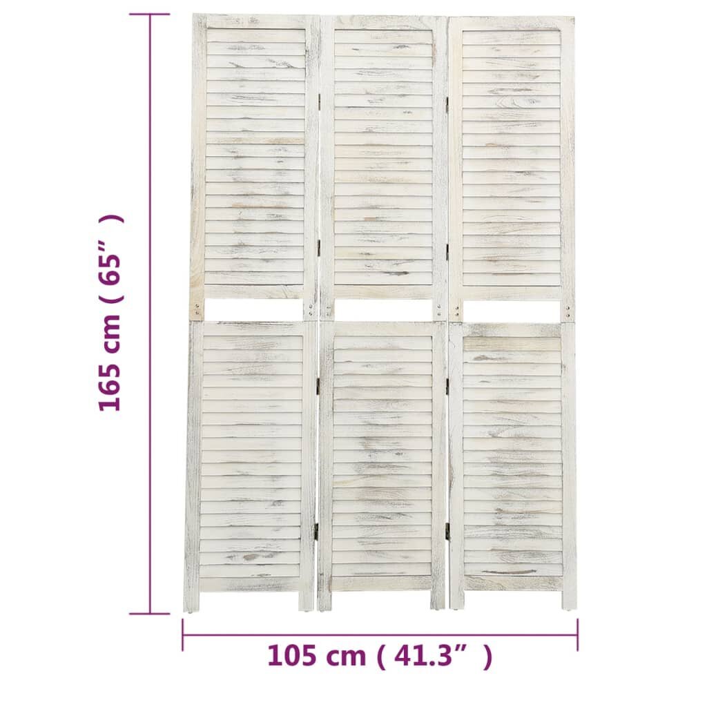 vidaXL 3-paneļu istabas aizslietnis, 105x165 cm, antīki balts, koks cena un informācija | Aizslietņi | 220.lv