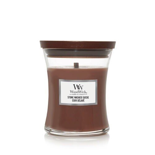 WoodWick aromātiska svece Stone Washed Suede Vase, 609.0g cena un informācija | Sveces un svečturi | 220.lv