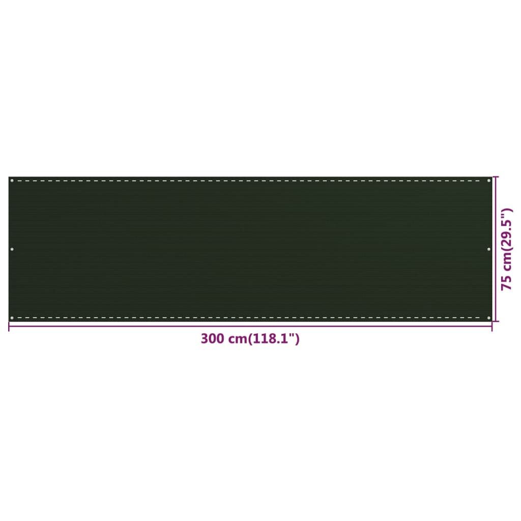 vidaXL balkona aizslietnis, tumši zaļš, 75x300 cm, HDPE цена и информация | Saulessargi, markīzes un statīvi | 220.lv