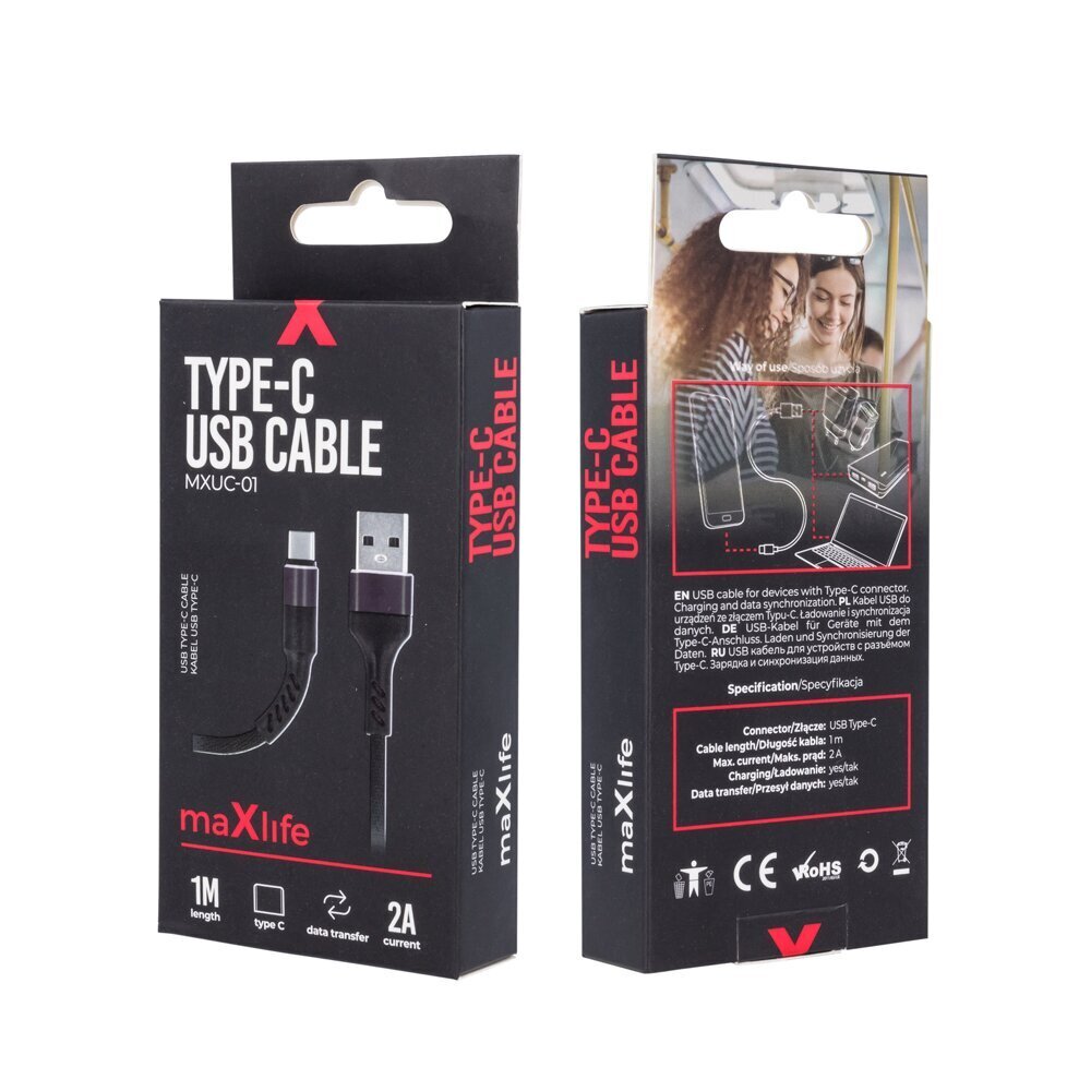 Maxlife MXUC-01 cable USB - USB-C 1,0 m 2A black nylon cena un informācija | Savienotājkabeļi | 220.lv