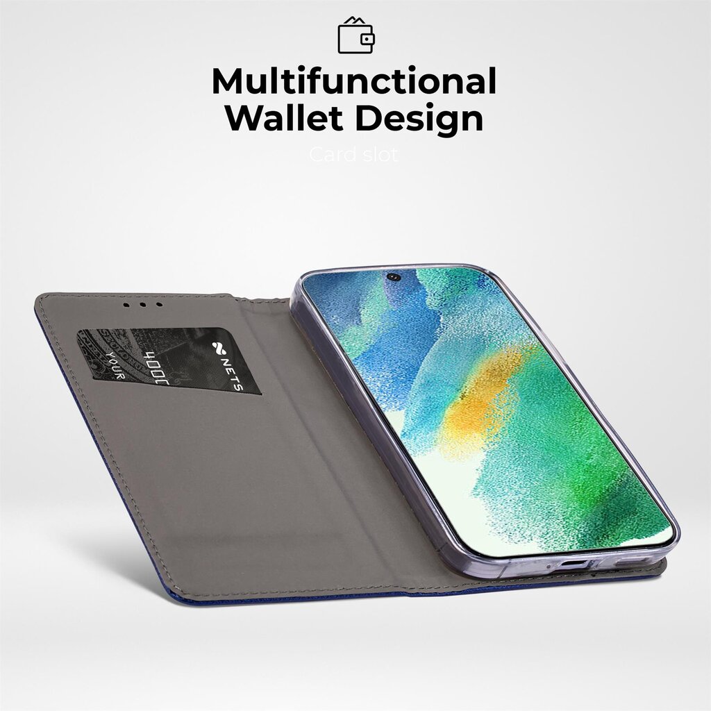 Moozy magnētisks telefona maciņš ar karšu turētāju un statīva funkciju saderīgs ar Samsung Galaxy S21 FE 5G telefona modeli - Tumši zils cena un informācija | Telefonu vāciņi, maciņi | 220.lv