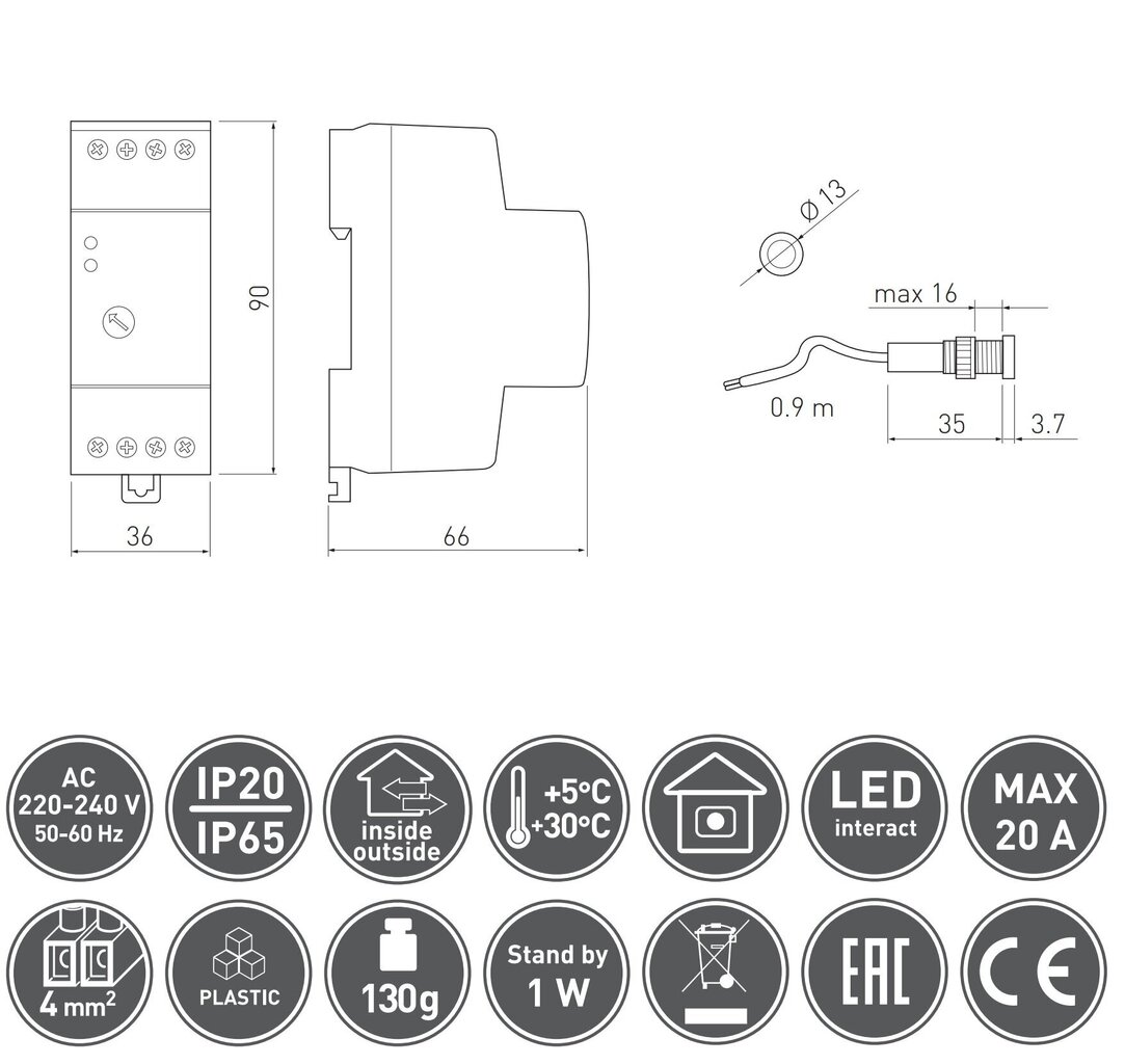 Jūgvārpstas fotorelejs CZ-1, krēslas sensors 360° IP20 balts cena un informācija | Sensori | 220.lv