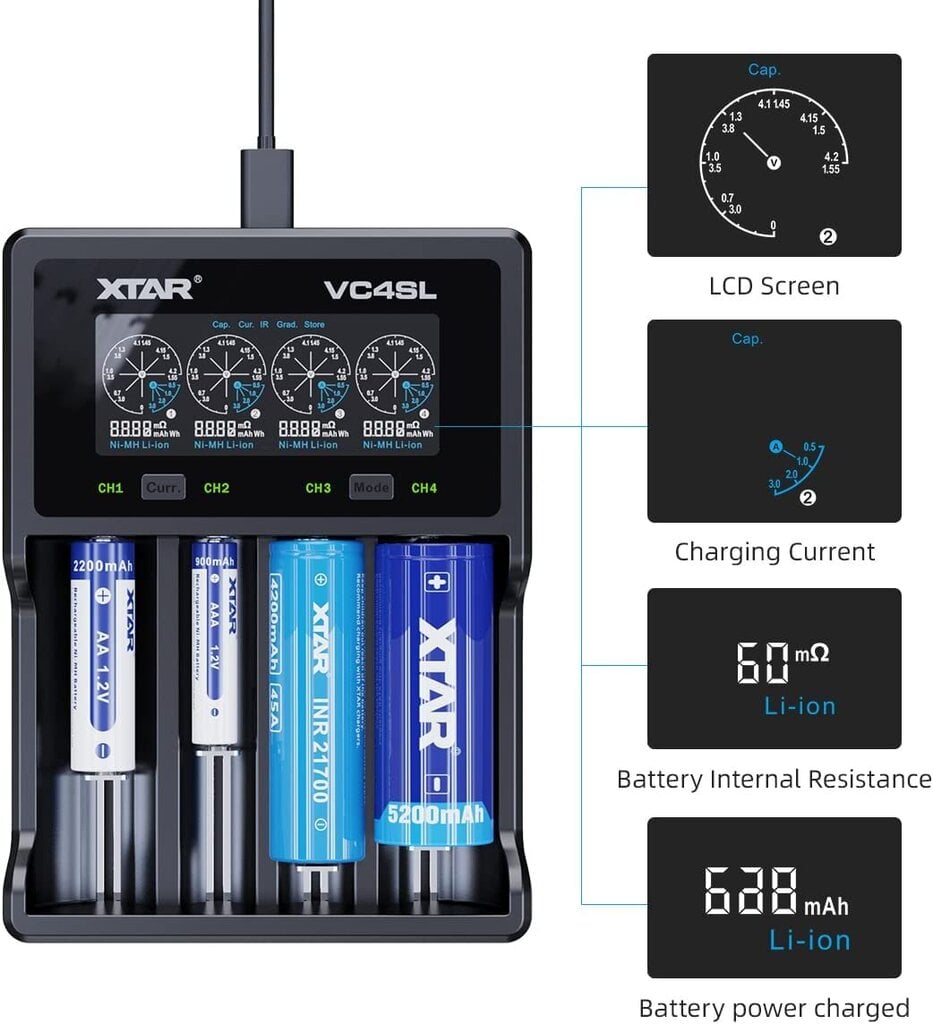 Lādētājs XTAR VC4SL Li-Ion NiMH 18650 21700 AA AAA USB-C cena un informācija | Akumulatori, lādētāji un piederumi | 220.lv