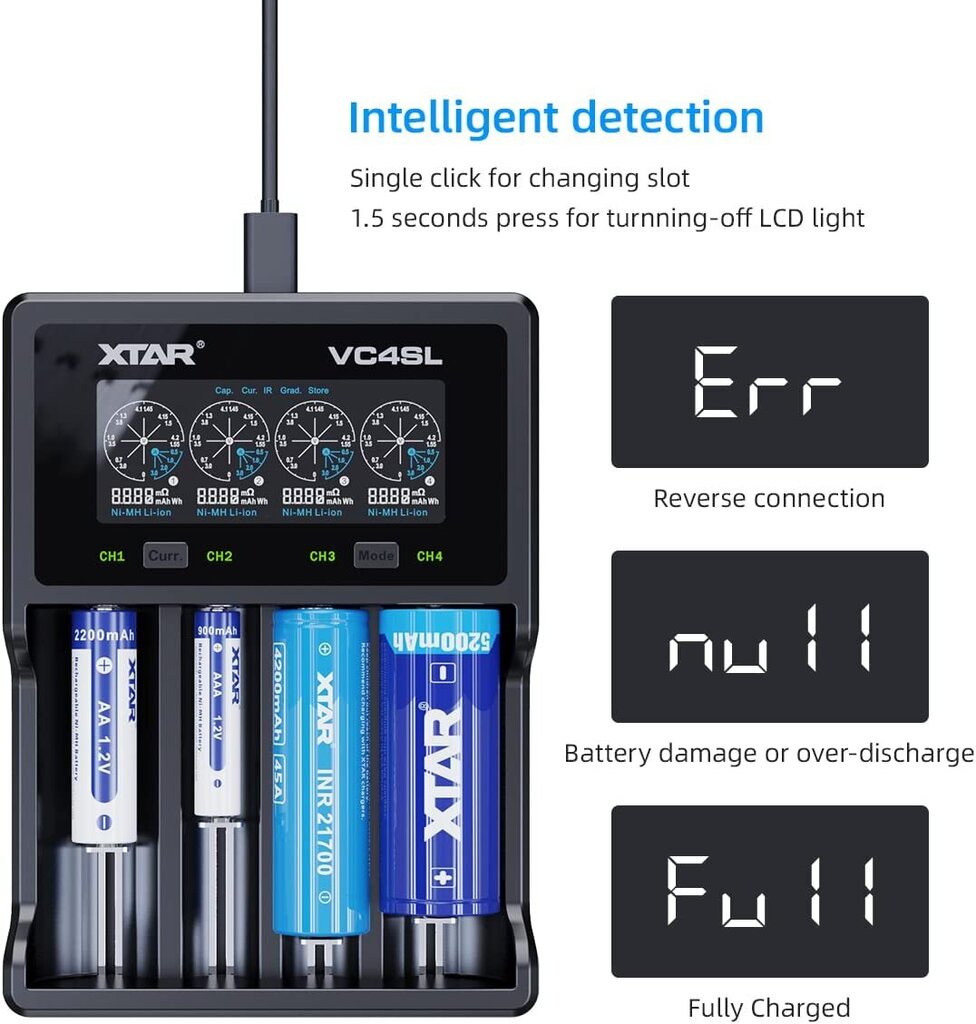 Lādētājs XTAR VC4SL Li-Ion NiMH 18650 21700 AA AAA USB-C cena un informācija | Akumulatori, lādētāji un piederumi | 220.lv