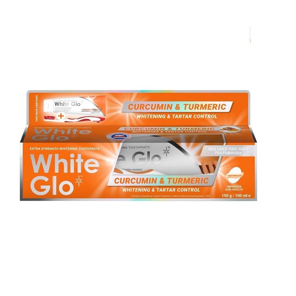 Ļoti spēcīgi balinoša zobu pasta ar kurkumīnu white glo curcumin & turmeric extra strength whitening toothpaste, 150 g + zobu birste cena un informācija | Zobu pastas, birstes | 220.lv