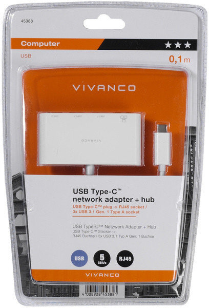 Vivanco adapter USB-C - LAN + hub 3-port (45388) cena un informācija | Adapteri un USB centrmezgli | 220.lv