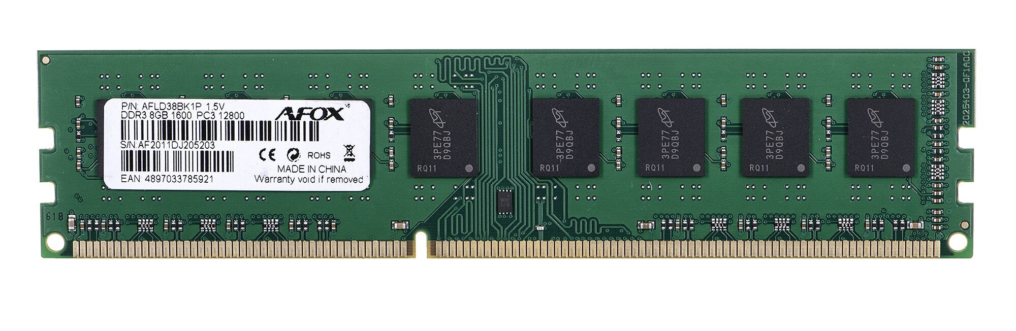 AFOX DDR3 8G 1600 UDIMM memory module 8 GB 1 x 8 GB 1600 MHz cena un informācija | Operatīvā atmiņa (RAM) | 220.lv