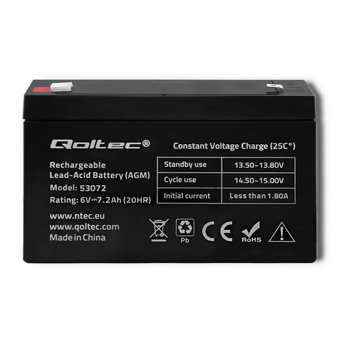 Qoltec 53072 AGM battery | 6V | 7.2 Ah cena un informācija | UPS- Nepārtrauktās barošanas bloki | 220.lv