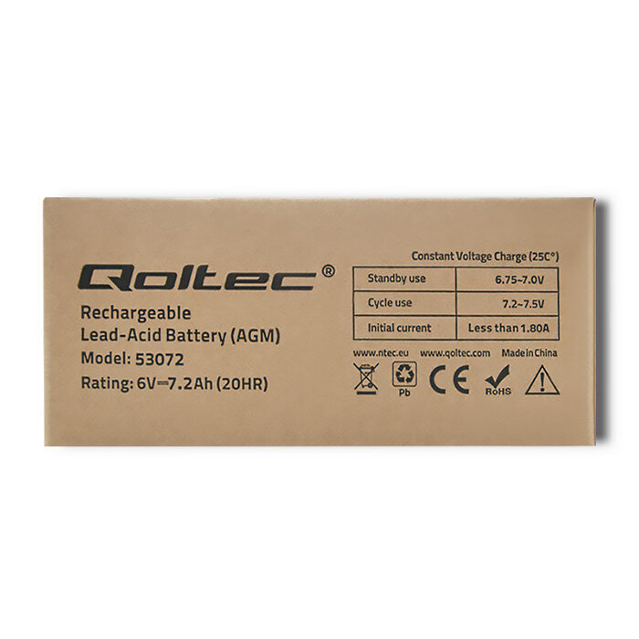 Qoltec 53072 AGM battery | 6V | 7.2 Ah cena un informācija | UPS- Nepārtrauktās barošanas bloki | 220.lv