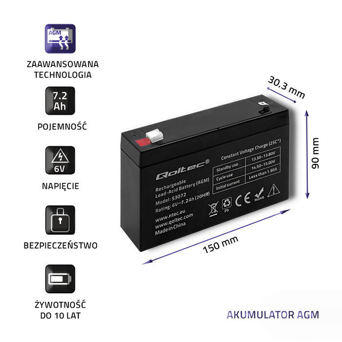 Qoltec 53072 AGM battery | 6V | 7.2 Ah cena un informācija | UPS- Nepārtrauktās barošanas bloki | 220.lv