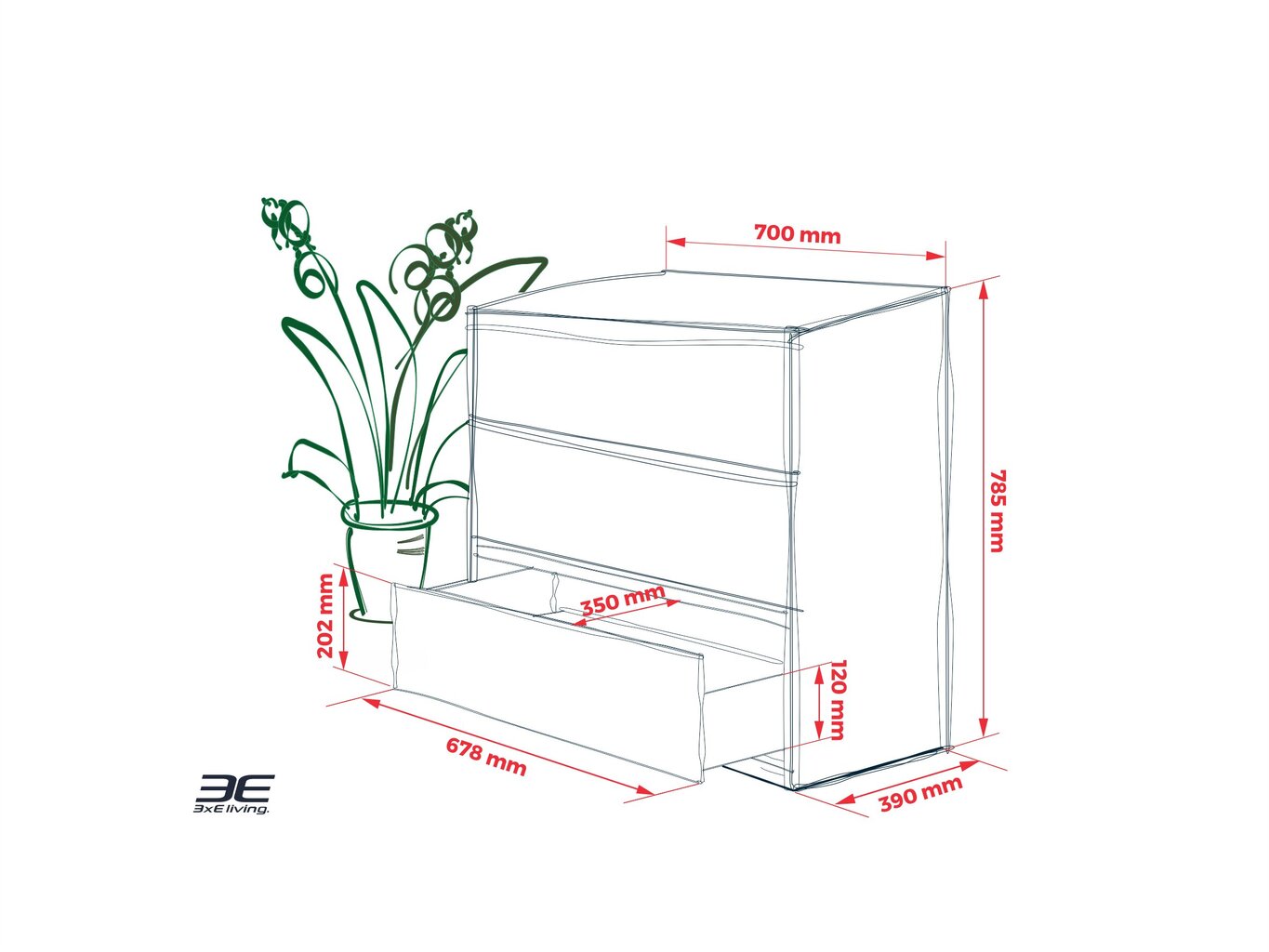 Kumode 3xEliving DEMI ar 3 atvilktnēm 70 cm, Krāsa: Balts/balts spīdums cena un informācija | Kumodes | 220.lv