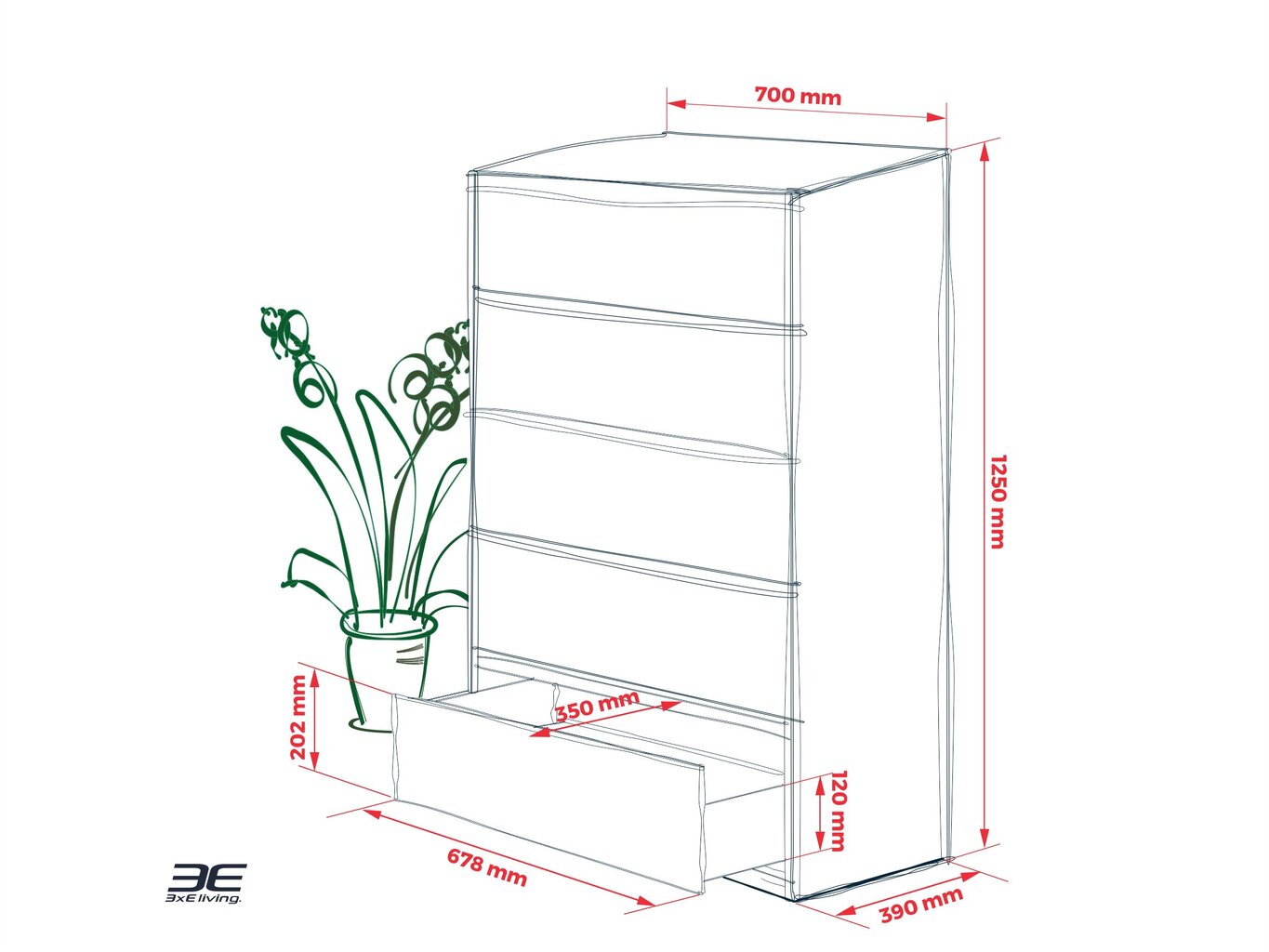 Kumode 3xEliving DEMI ar 5 atvilktnēm 70 cm, Krāsa: Balts/balts spīdums cena un informācija | Kumodes | 220.lv