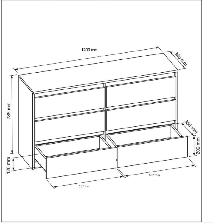 Kumode 3xEliving DEMI ar 6 atvilktnēm 120 cm, Krāsa: Balts/balts spīdums cena un informācija | Kumodes | 220.lv