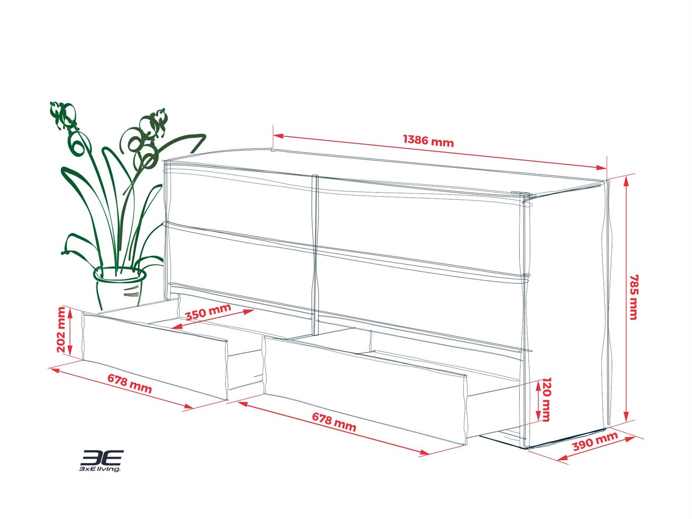 Kumode 3xEliving DEMI ar 6 atvilktnēm 140 cm, Krāsa: Balts/balts spīdums cena un informācija | Kumodes | 220.lv