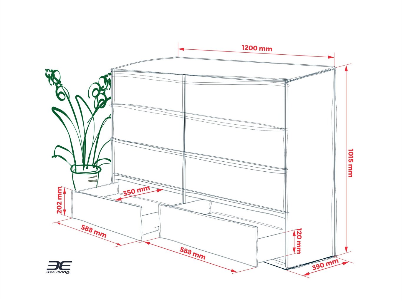 Kumode 3xEliving DEMI ar 8 atvilktnēm 120 cm, Krāsa: Balta cena un informācija | Kumodes | 220.lv