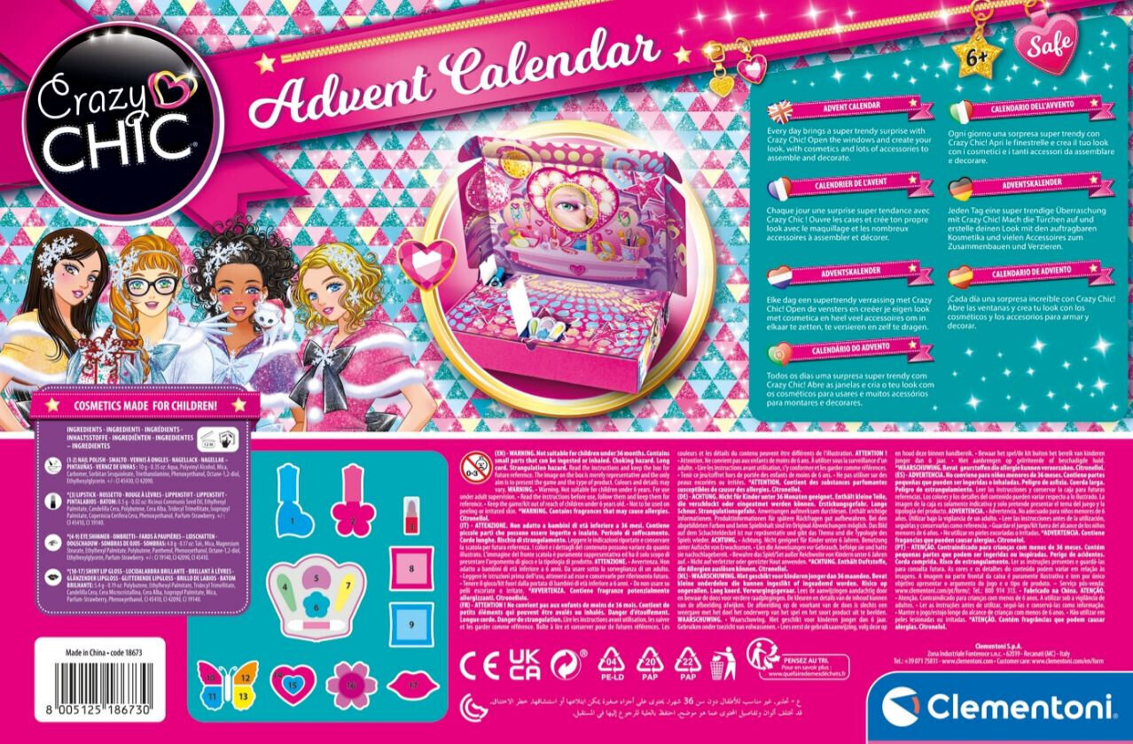 Adventes kalendārs - bērnu kosmētikas komplekts Clementoni Crazy Chic Girls, 24 gab cena un informācija | Rotaļlietas meitenēm | 220.lv