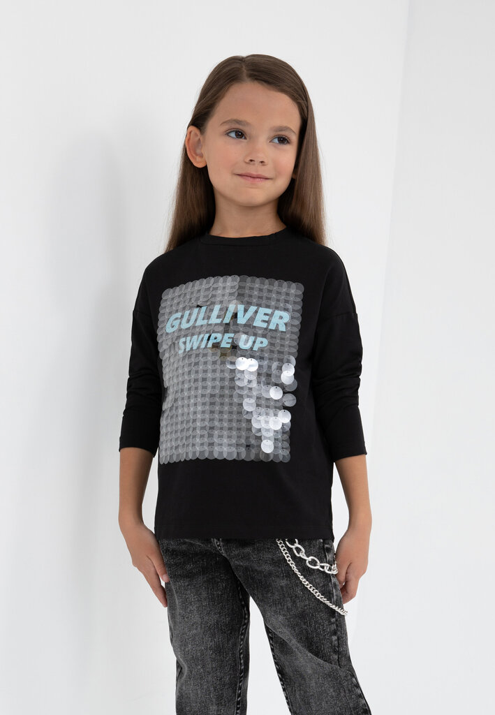 Krekls ar garām piedurknēm melns ar fliteru dekoru meitenēm Gulliver cena un informācija | Krekli, bodiji, blūzes meitenēm | 220.lv