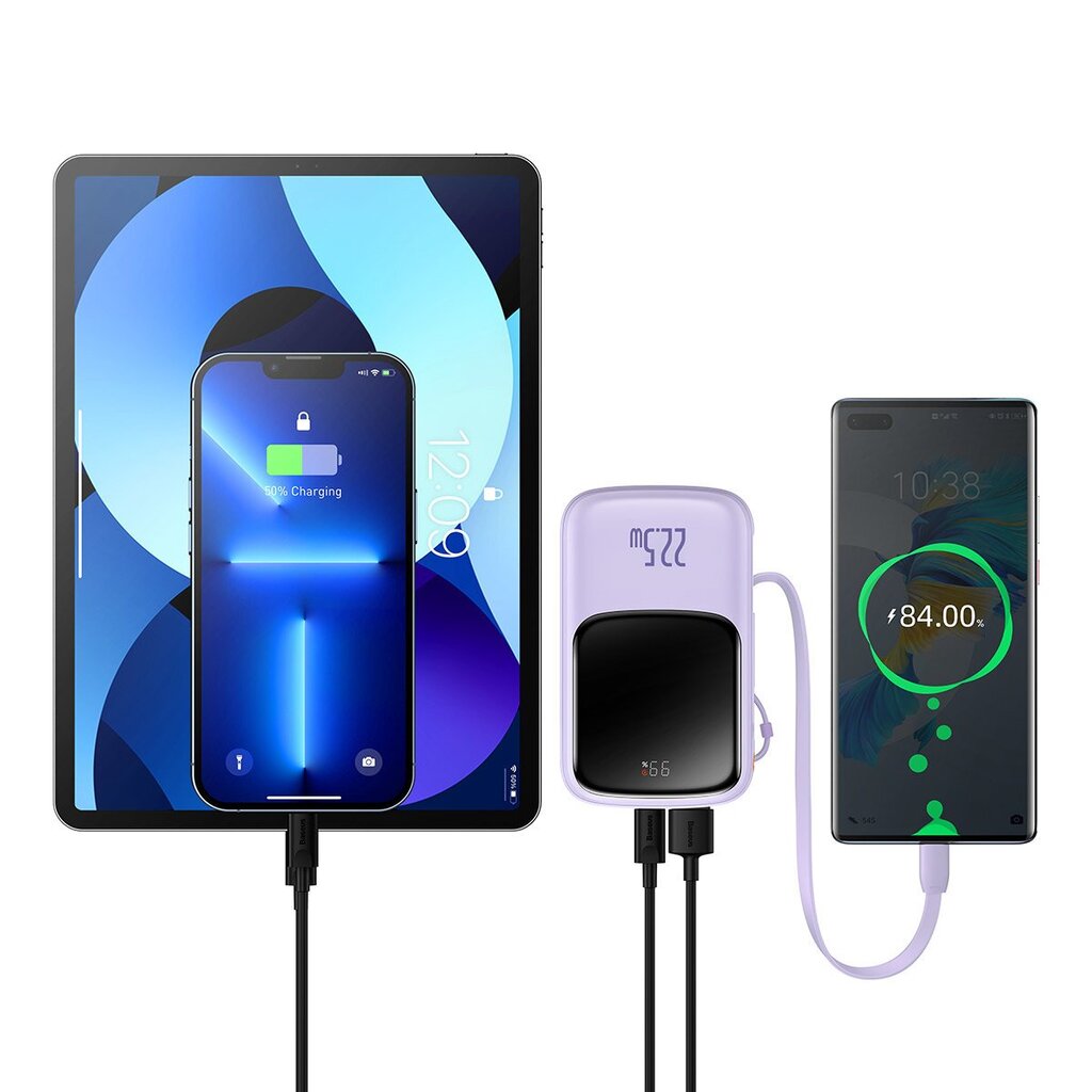 Baseus Qpow power bank 10000mAh built-in USB Type-C cable 22.5W Quick Charge SCP AFC FCP purple (PPQD020105) cena un informācija | Lādētāji-akumulatori (Power bank) | 220.lv