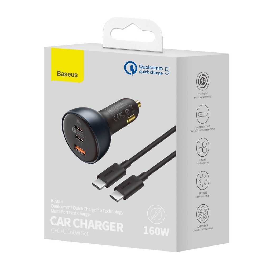 Baseus fast USB / USB car charger Type C 160W PPS Quick Charge 5 PD gray (TZCCZM-0G) cena un informācija | Lādētāji un adapteri | 220.lv